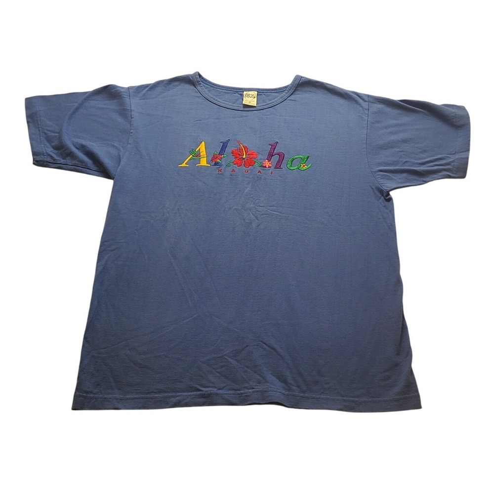 Bay Beauty Aloha Kauai Embroidered Blue Cotton T-Shirt Men's Medium Hawaii Tee